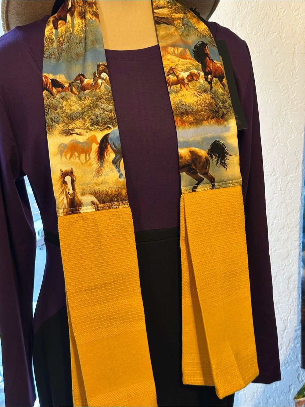 Handmade Wild Horse Print Kitchen Scarf in Mustard and Multi - Picture 4 of 10